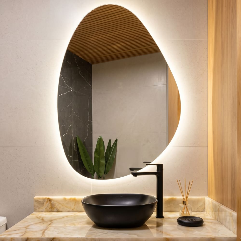 Espelho Orgânico com LED À PILHA ou FONTE Decorativo Design Moderno, Banheiro, Lavabo, Sala, Espaço Gourmet